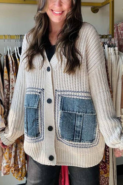 Fashionable Loose Spliced denim Pocket Knitted Sweater Cardigan