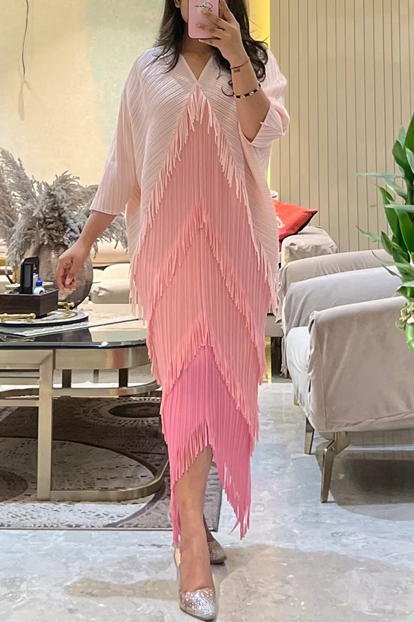 Fashionable Color-blocked Multi-layered Tassel Loose Midi Dress