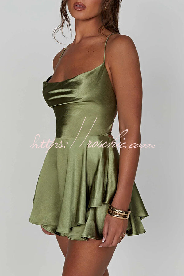 Ruffled Elegant Satin Strappy Satin Backless Lace Up Mini Dress