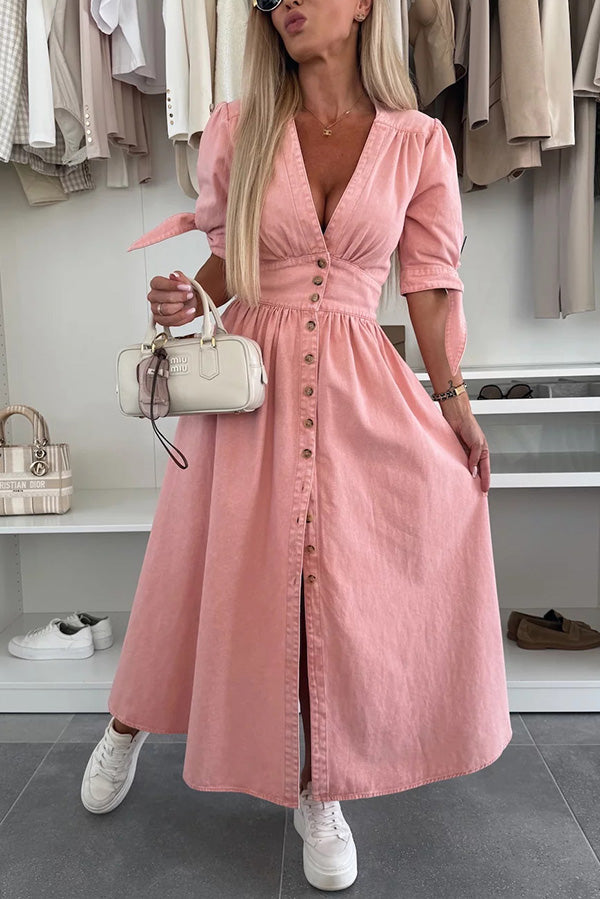 white christmas dresses Morgane Puff Sleeve V-Neck Midi Dress Light Denim Blue– Selfie Leslie main image 0