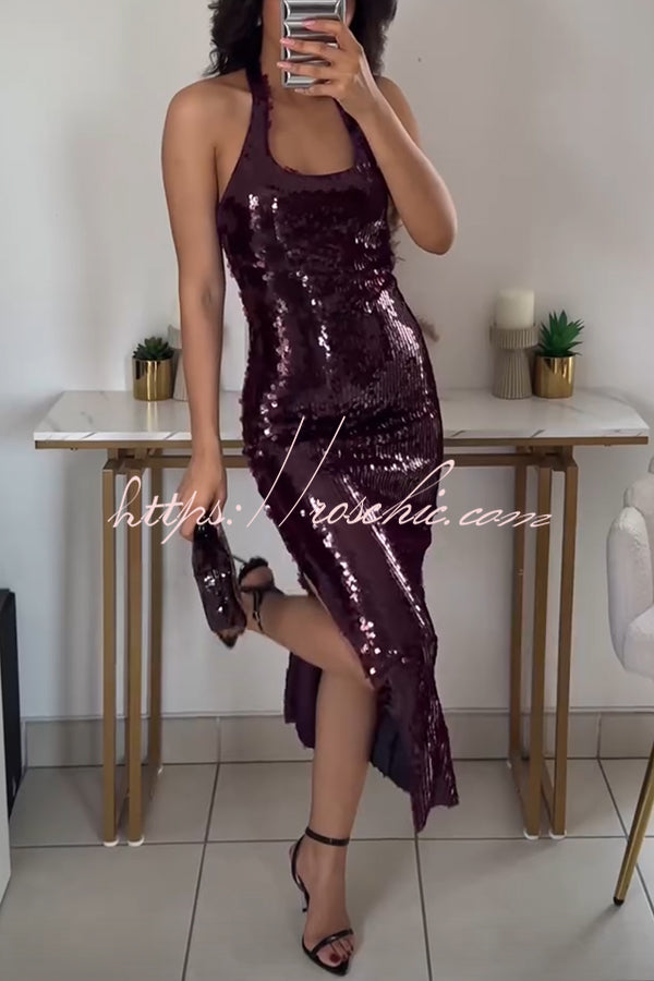 Night Glow Disc Sequin Halter Backless Slit Midi Dress