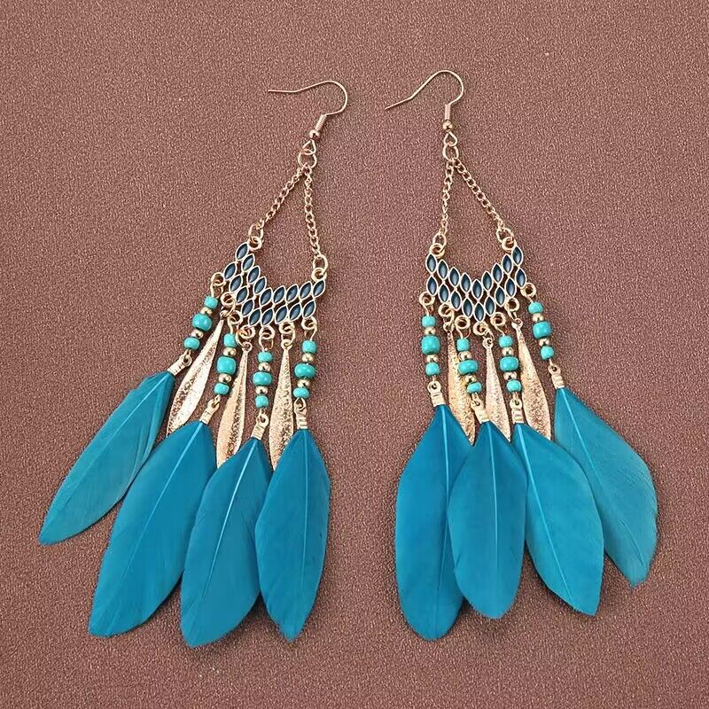 Vintage chain tassel bohemian feather earrings