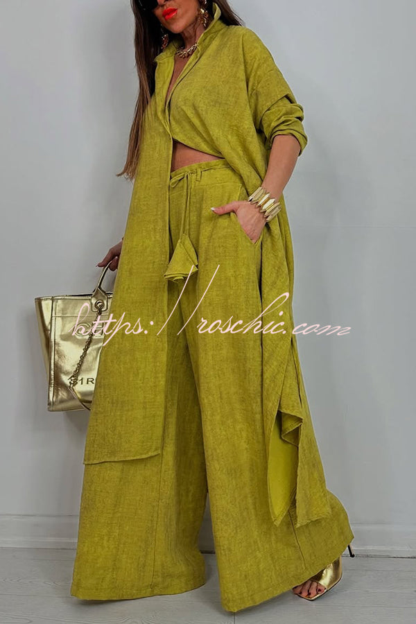 Solid Color Casual Loose Long Shirt and Elastic Waist Pocket Wide Leg Pants Set