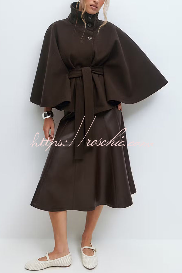 Fashionable Stand Collar Button Waist Tie Loose Cape