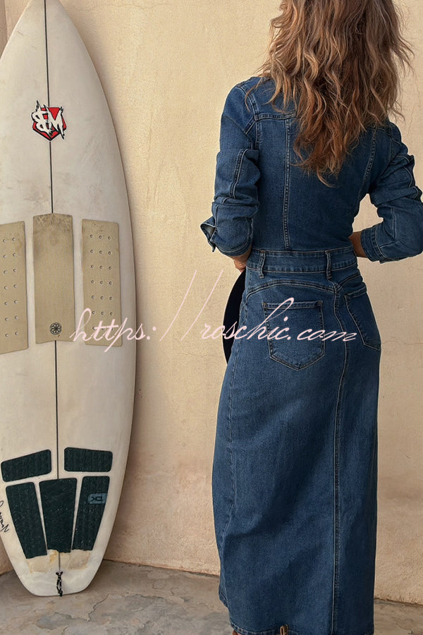 Tessy Denim Metal Button Zipper Shirt Stretch Pencil Slit Midi Dress