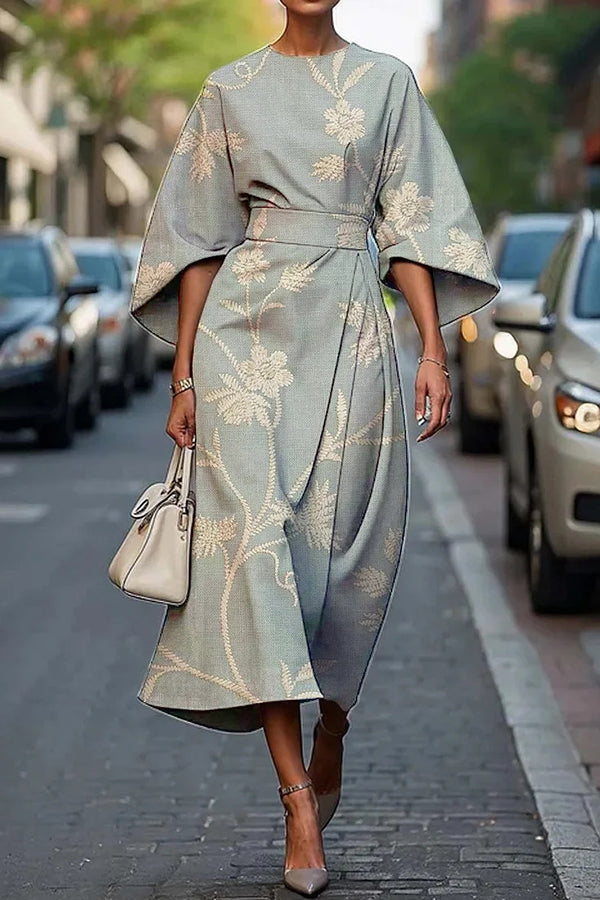 Unique Print Batwing Sleeve Waisted Casual Midi Dress
