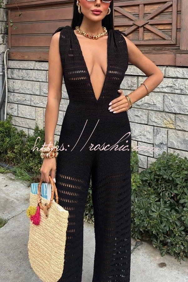Solid Color Knitted V-neck Holiday Hollow Casual Jumpsuit