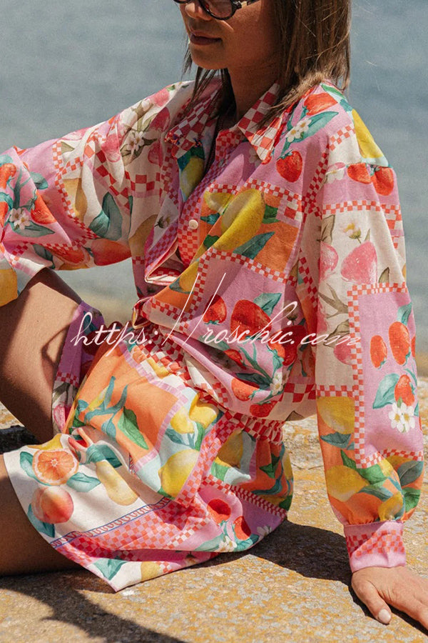 Leisurely Outings Summer Fruit Print Loose Long Sleeve Shirt and Elastic Waist Pocket Shorts Set