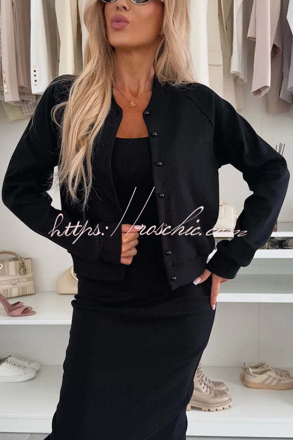 Comfort and Femininity Knit Ribbed Button Up Long Sleeve Bomber Jacket