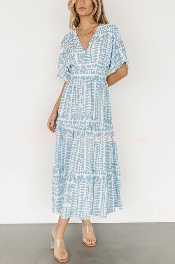 Bohemian Style Unique Printed Short Sleeve High Waist Midi Dress