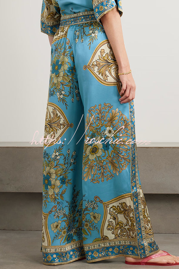 Satin Floral Print Loose Shirt and Elastic Waist Pocket Casual Wide-leg Pants