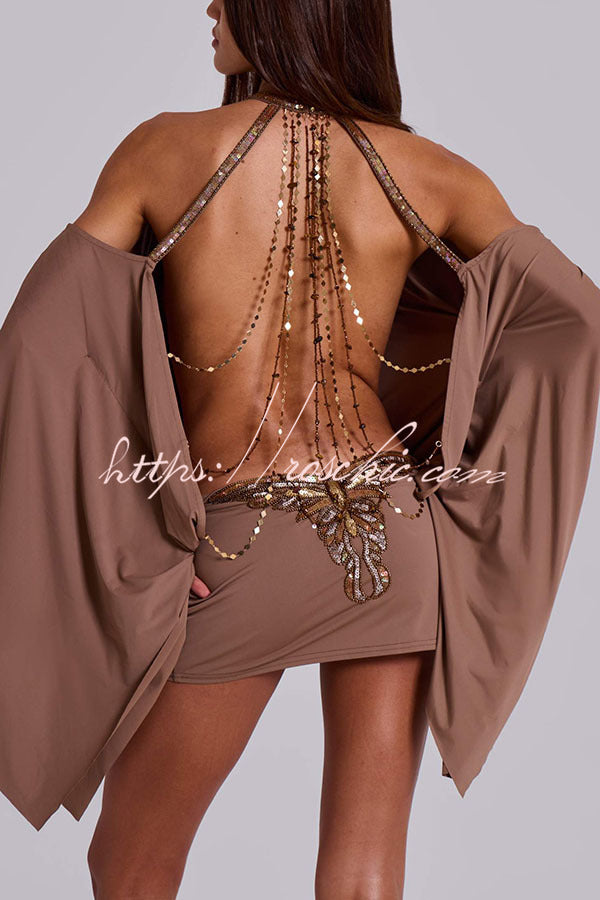 Alula Chain Sequin Embroidered Butterfly Kimono Slit Sleeve Backless –  roschic