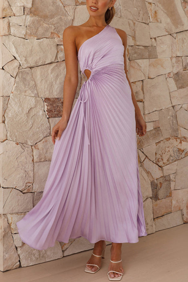 Charming One Shoulder Lace Up Cutout Pleated Maxi Dress