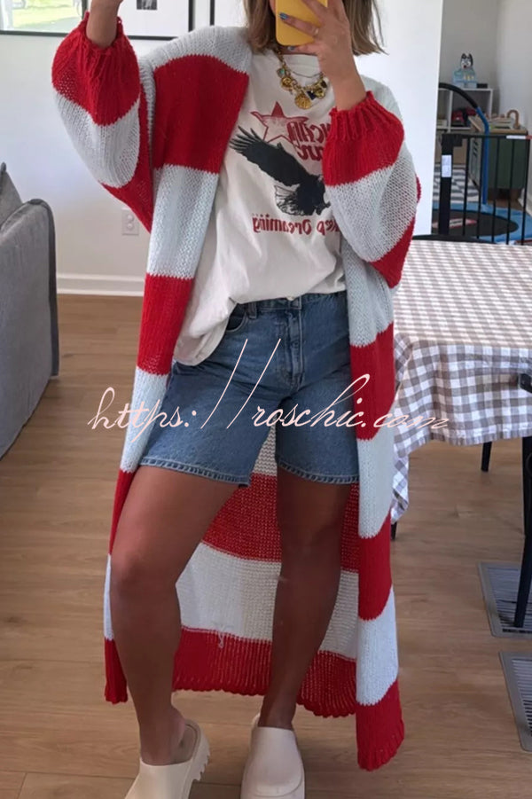 Fashionable Contrast Stripes Lazy Style Loose Long Knitted Cardigan