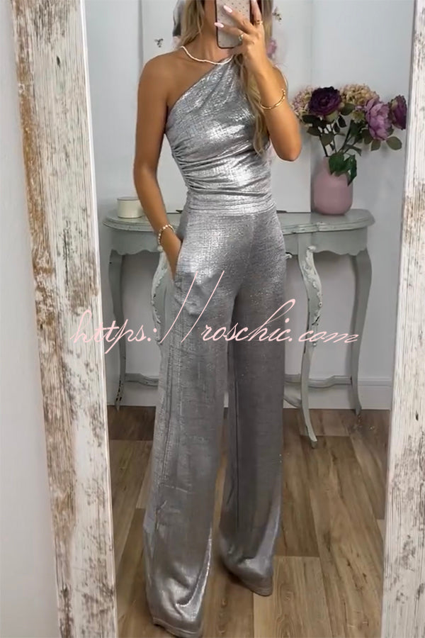 Shining Moment Metallic Fabric One Shoulder Ruched Tank and Pocketed Loose Stretch Pants Set