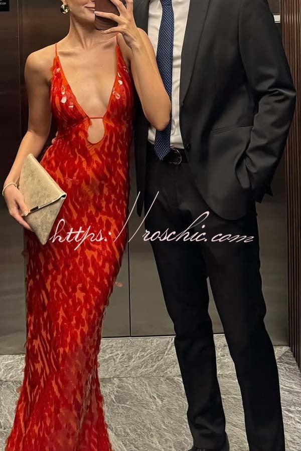 Reshape Beauty Fish Scale Sequin Cutout U-neck Slip Maxi Dress