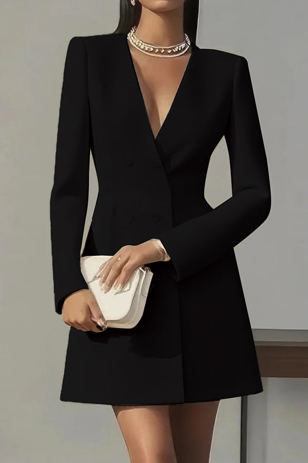 Fashionable V-neck Long-sleeved Double-breasted Waist Mini Dress