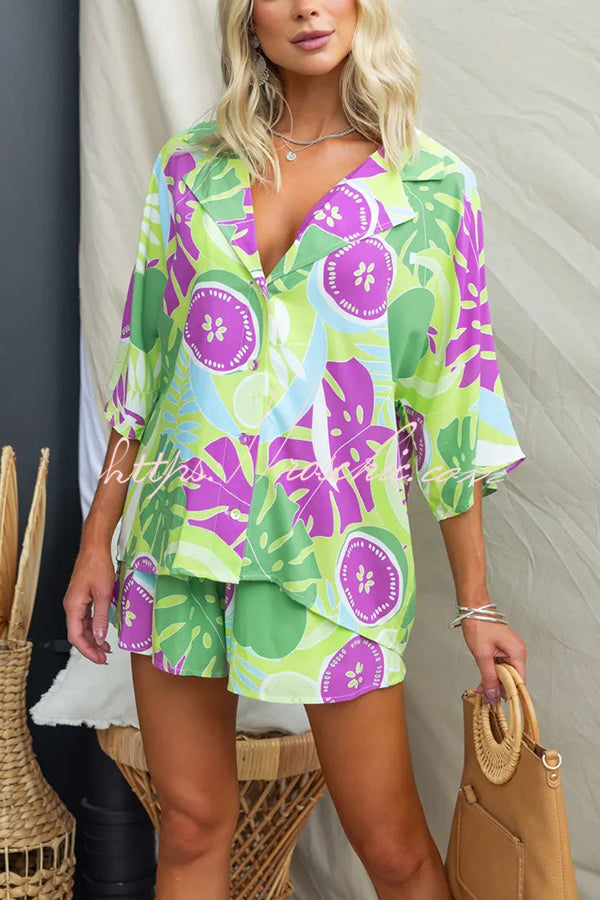 Viva La Travel Unique Print Loose Button Shirt and Elastic Waist Shorts Set