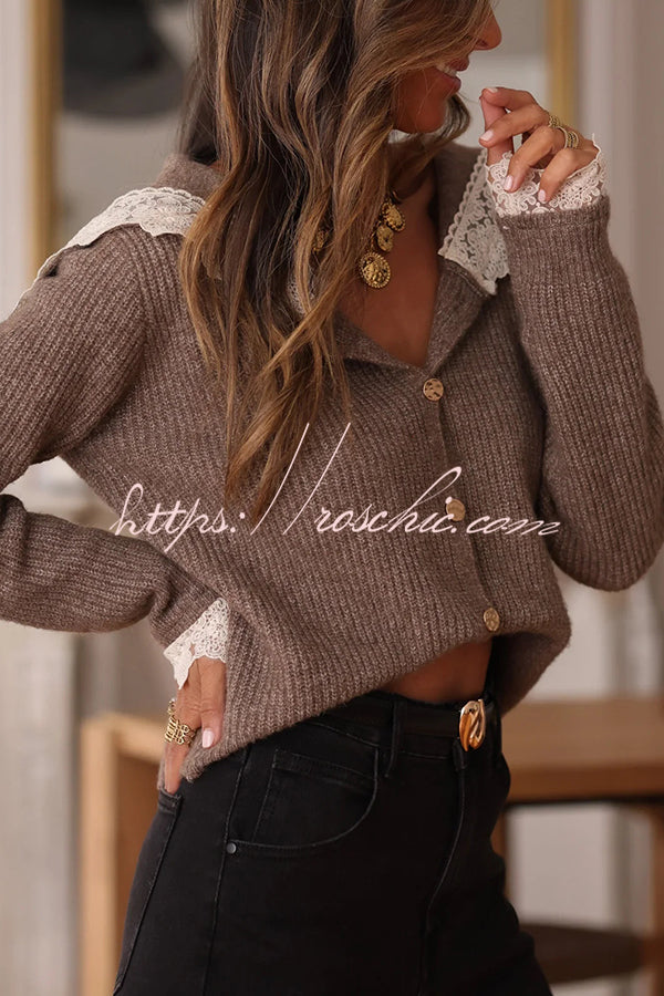 Fashionable Lace-trimmed Sailor Collar Casual Knit Cardigan