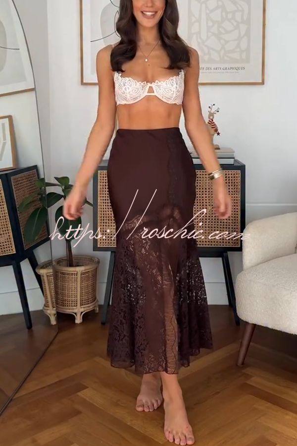 Cozy Sweet Darling Satin Lace Patchwork Mid Rise Slit Maxi Skirt