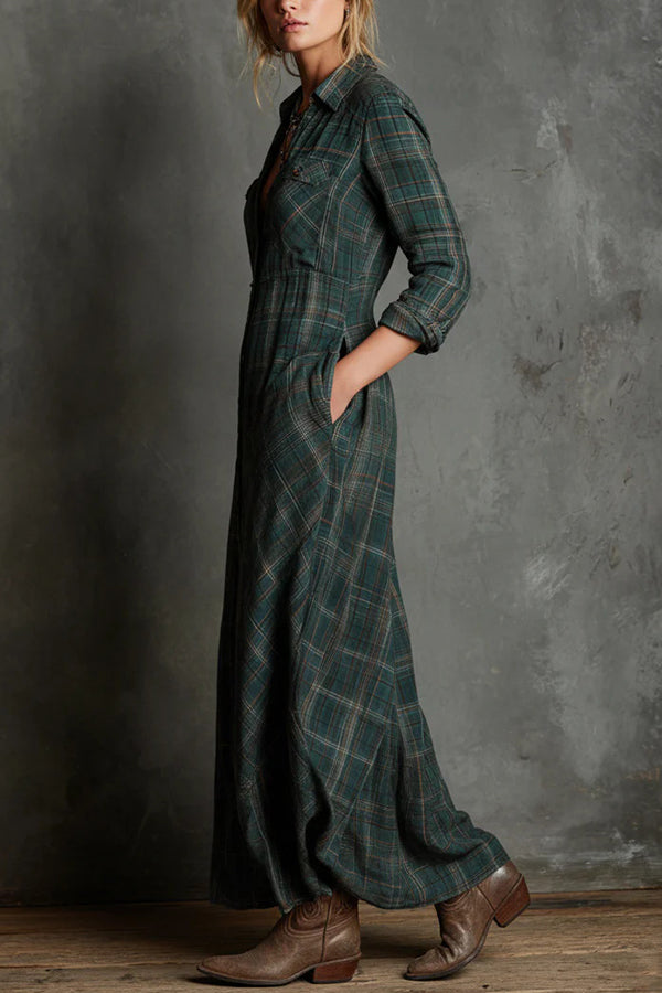 Plaid Print Lapel Long Sleeve Casual Pocket Single-Breasted Maxi Dress