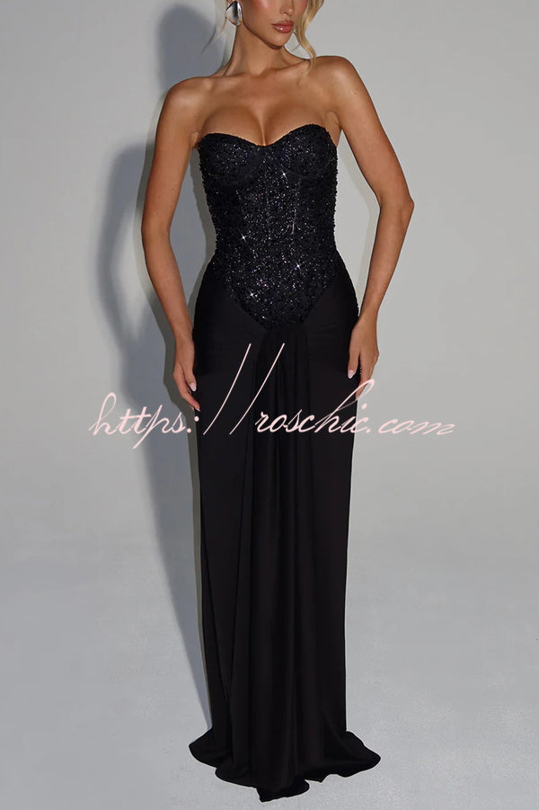 Carina Sequined and Satin Jersey Off Shoulder Ruched Knot Drape Maxi Dress