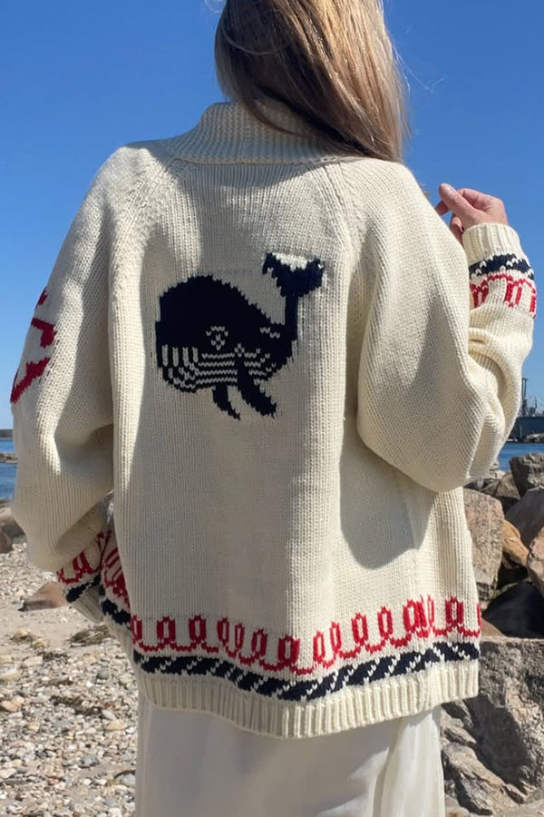 Fashion Lobster Print Casual Long Sleeve Knit Cardigan