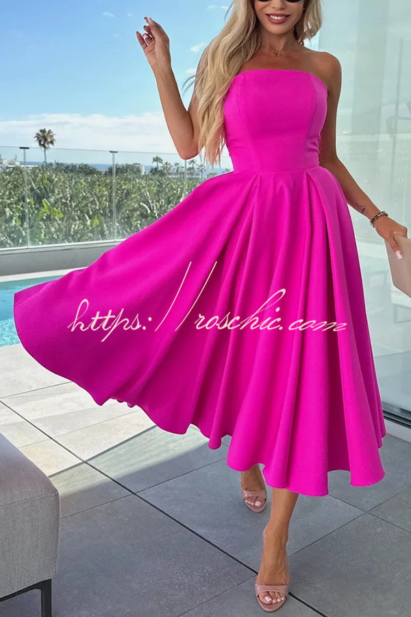 Sweet Cascade Solid Color Off Shoulder Pocket Full Hem Midi Dress
