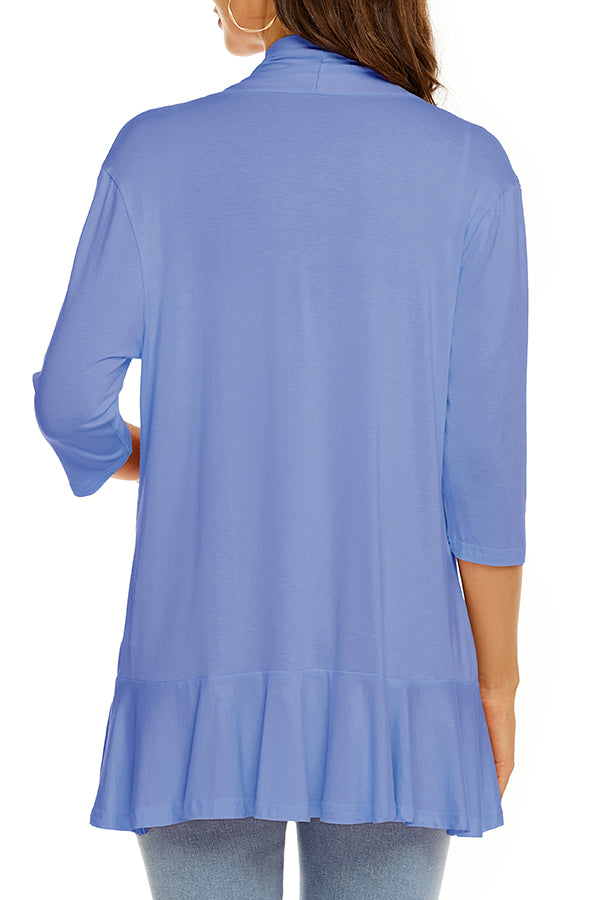Solid Color Casual Three-quarter Sleeve Ruffled Loose Cardigan