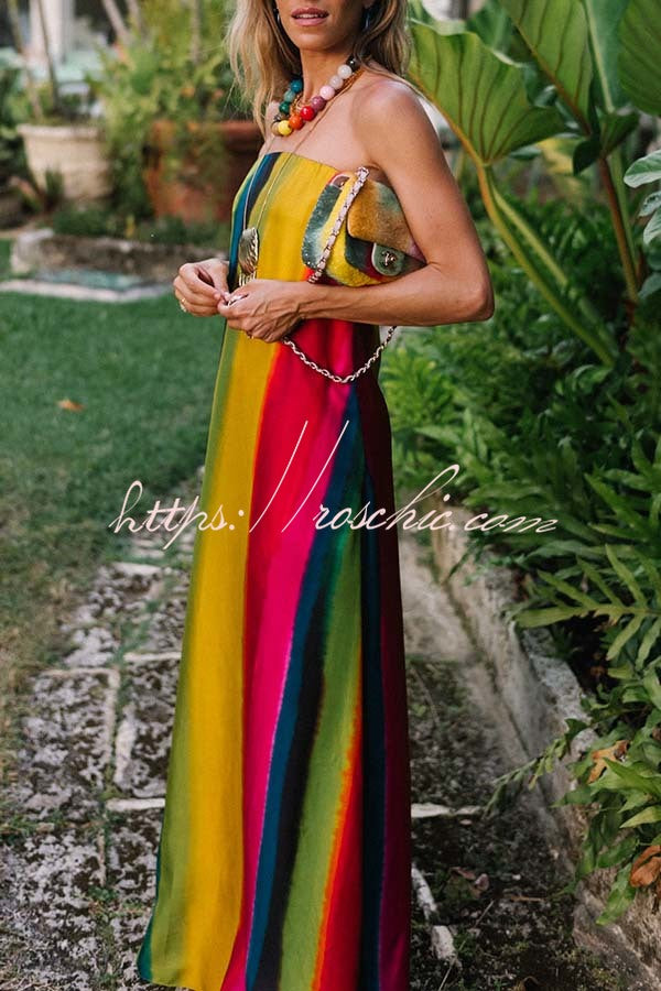 Artistic Rainbow Satin Watercolor Print Off Shoulder Pocketed H-line Maxi Dress