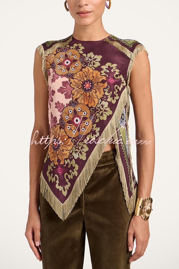 Stunning Floral Print Asymmetric Tassel Trim Scarf Top
