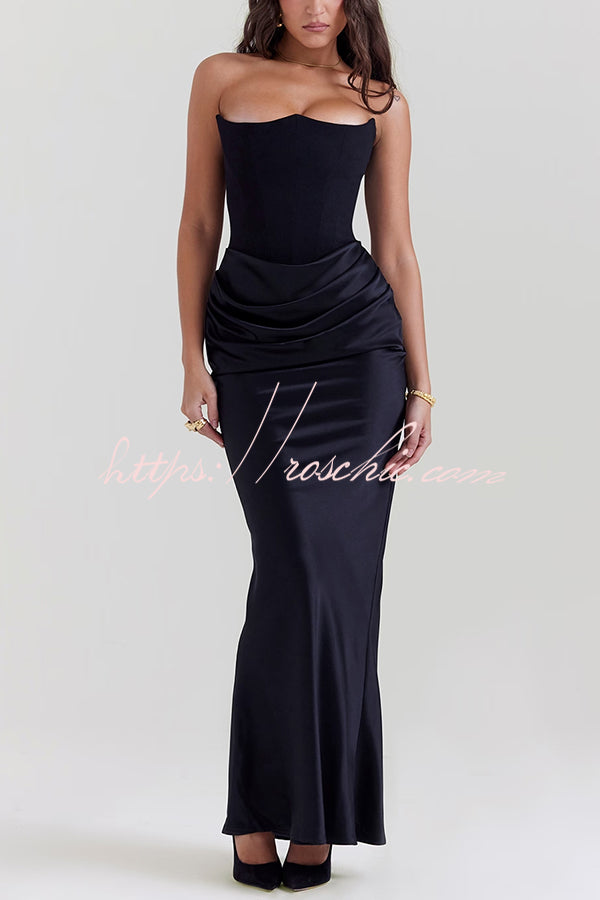 Attend The Gala Strapless Corset Satin Ruched Hip Drape Maxi Dress