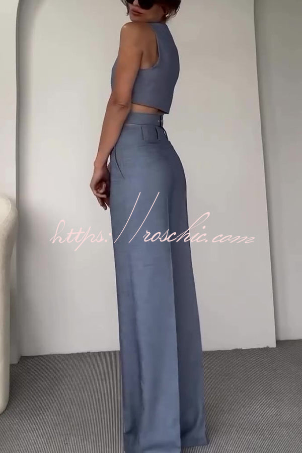 Crossover Slim Fit Sleeveless Vest and High Waisted Wide Leg Pants Set