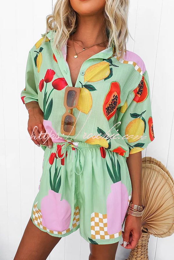 Summer Days Unique Fruit Print Loose Shirt and Elastic Waist Shorts Set