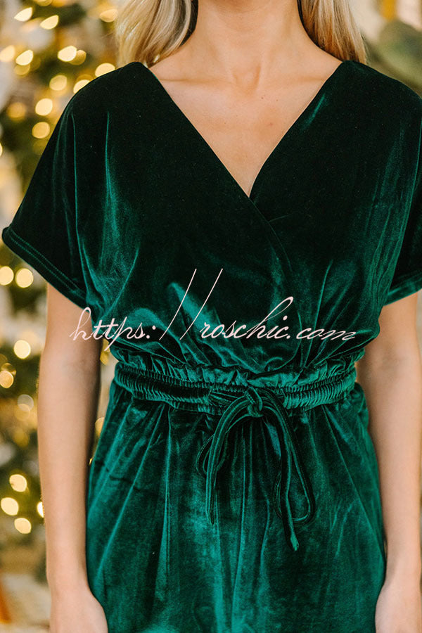 Holiday Star Velvet Lace Up Pocket Wide Leg Jumpsuit