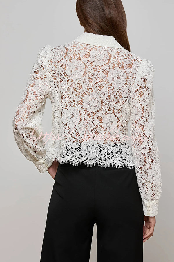 Paris Trends Floral Lace Puff Shoulder  Button Long Sleeve Blouse