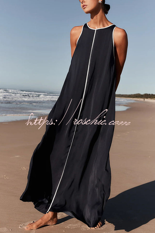 Palos Satin Navy with White Contrast Piping Pocketed A-line Maxi Dress