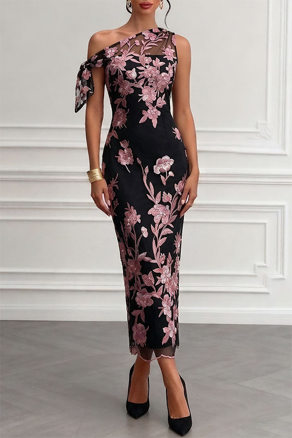 Kylen Floral Embroidery Bow Lace One Shoulder Sleeveless Sheath