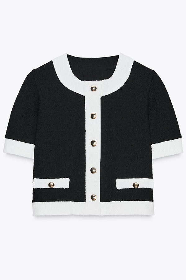 Fashionable Contrast Color Knitted Short-sleeved Button-down Top