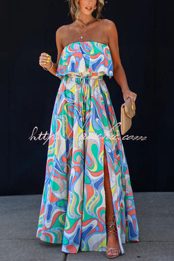 Like Fine Art Printed Strapless Elastic Waist Maxi Dress