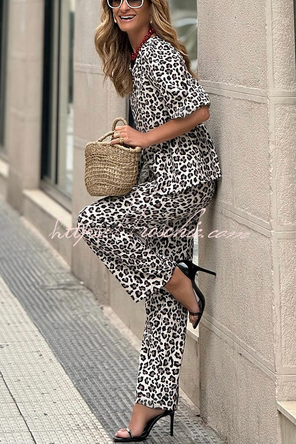 Enjoy Everyday Leopard Print Puff Sleeve Babydoll Top and Elastic Waist Pocketed Pant Set