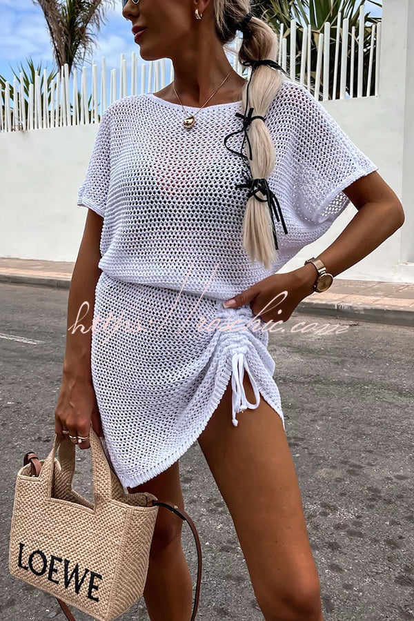 Solid Color Knitted Cutout Lace Up Crew Neck Mini Dress