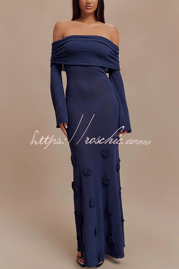 Timeless Sophistication Knit Off Shoulder Rose Detail Stretch Maxi Dress