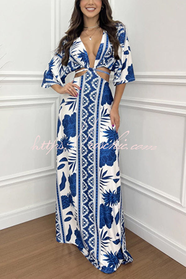 Wilma Unique Print Cutout Elastic Waist Tie-up Kimono Sleeve Maxi Dress