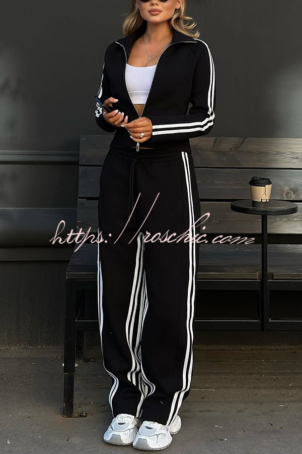 Fashionable Sports Style Striped Long-sleeved Jacket and Elastic Waist Casual Pants Set