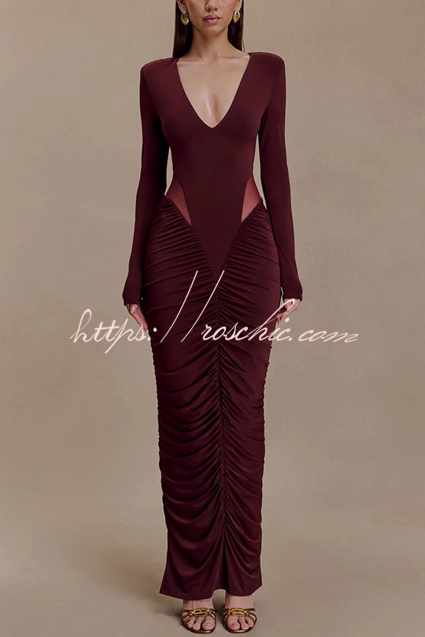 Sexy See-through Long-sleeved V-neck Pleated Slim-fit Maxi Dress