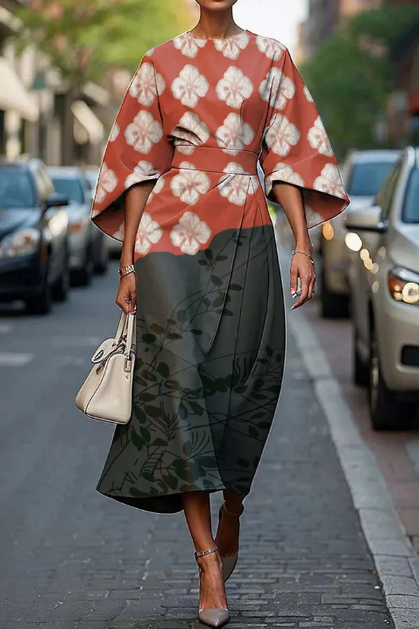 Unique Print Batwing Sleeve Waisted Casual Midi Dress