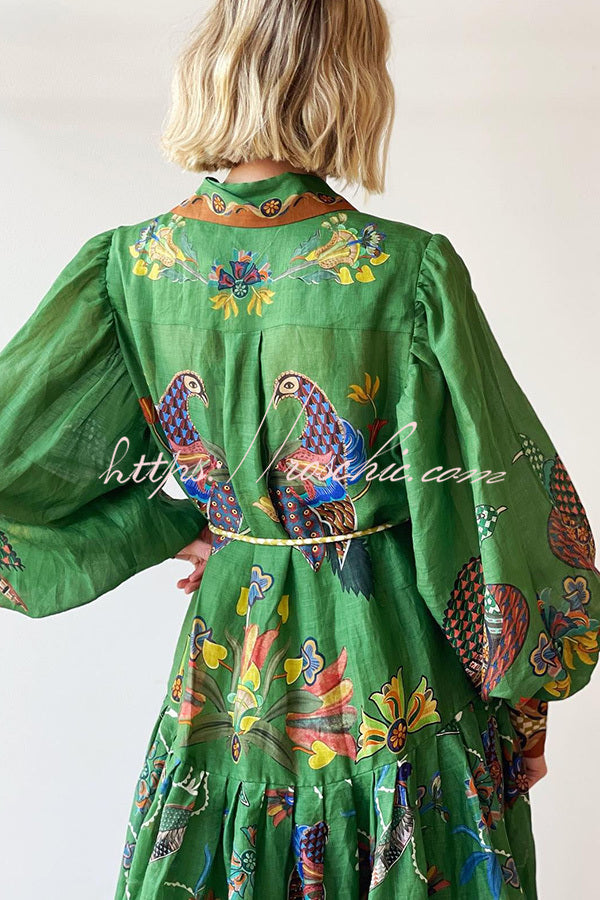 Special Moment Heaven Bird Print Balloon Sleeve Shirt Midi Dress