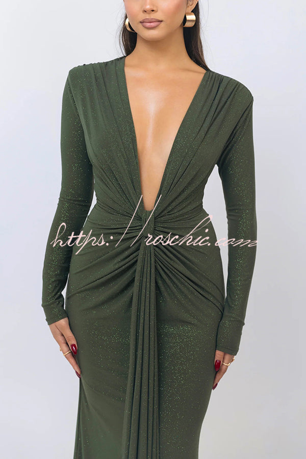 Solid Color Shiny Sexy V-neck Long Sleeve Ribbon Slit Slim Fit Maxi Dress