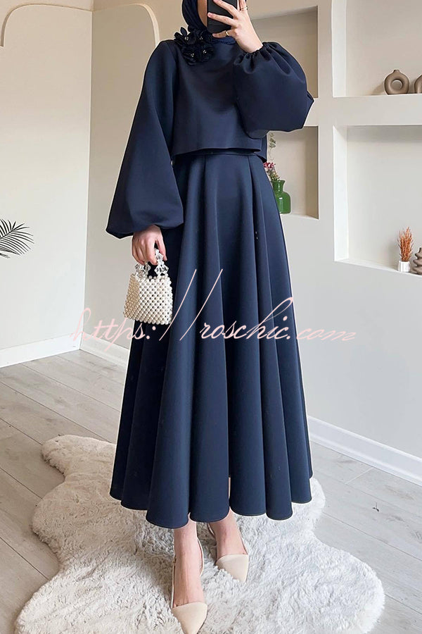 Solid Color Flower-embellished Lantern Sleeve Loose Top and Casual Maxi Skirt Set